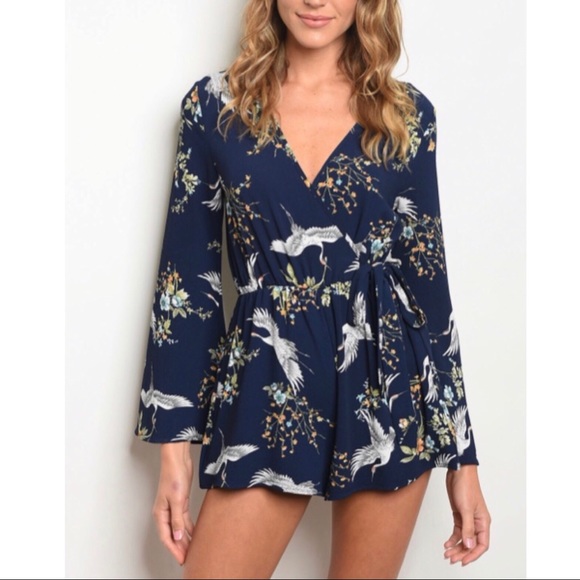 IntoCute Pants - Navy Floral Romper with Cranes